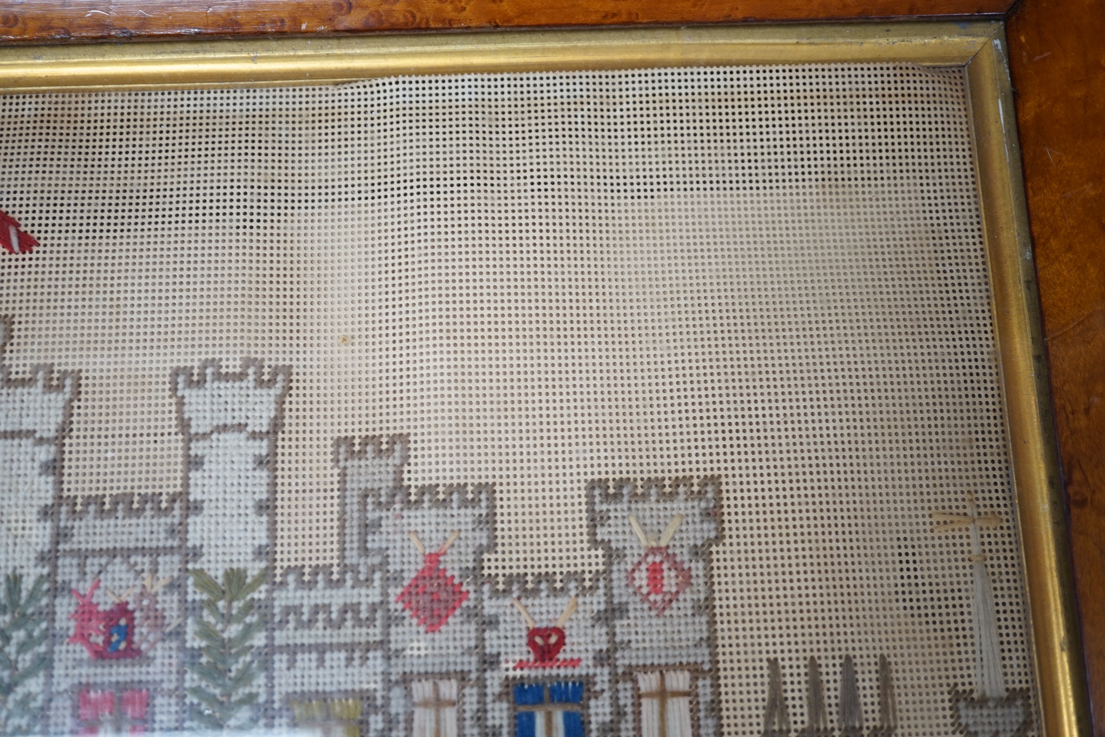 A Victorian woolwork and silk embroidery, 'Windsor Castle', maple framed, 37x55cm including frame